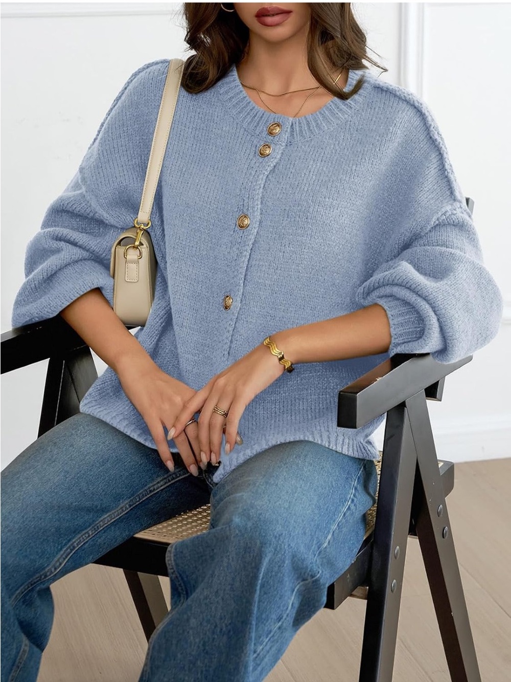 New Saodimallsu Oversized Cardigan Lantern Sleeve Button Down Blue $39.99 - Picture 5 of 8